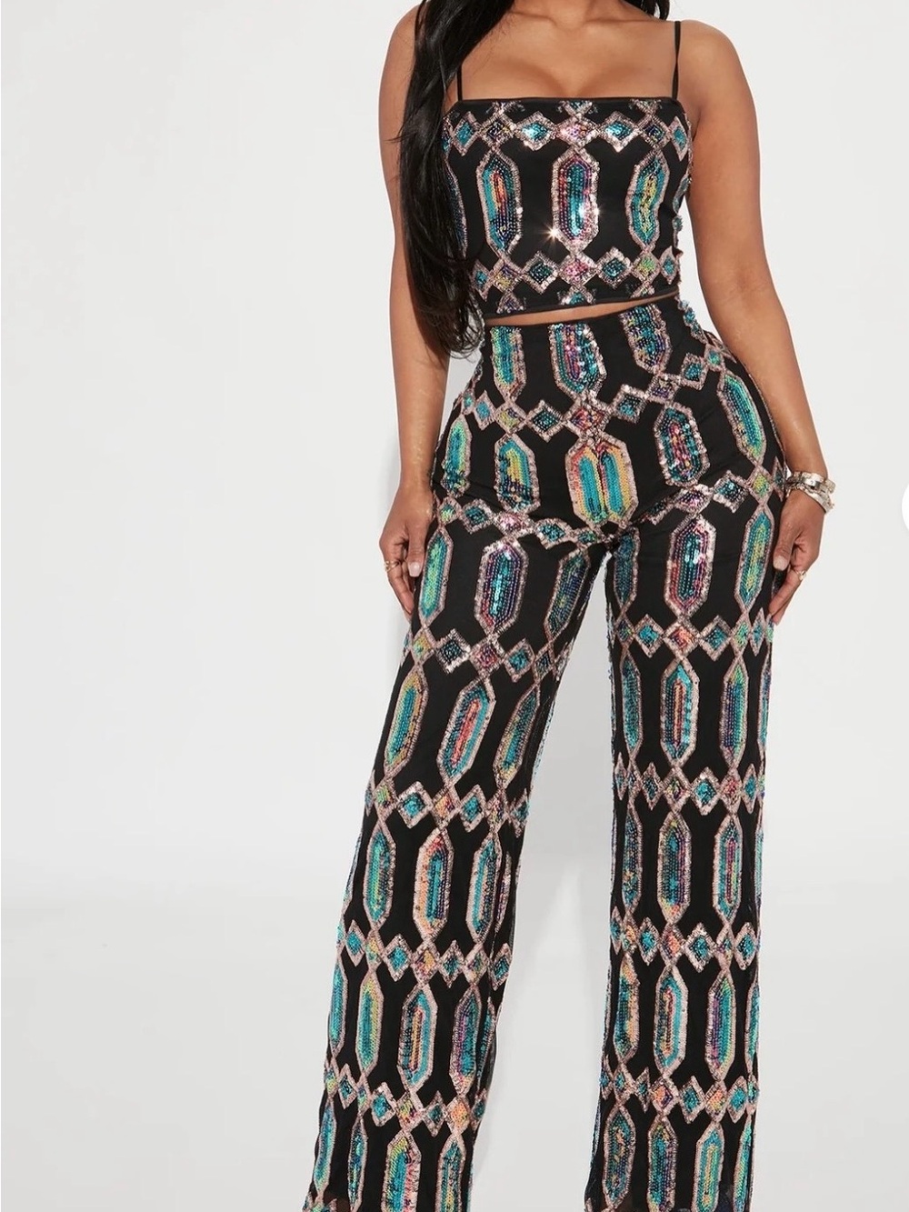 Sequin Geometric Wide-Leg Jumpsuit - Black with Teal & Multi